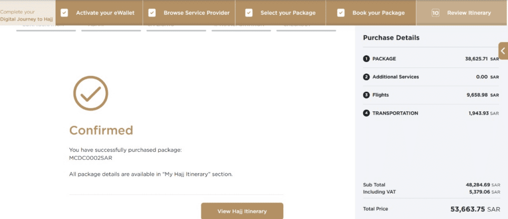 Nusuk Hajj Platform Screen after purchasing a Hajj package
